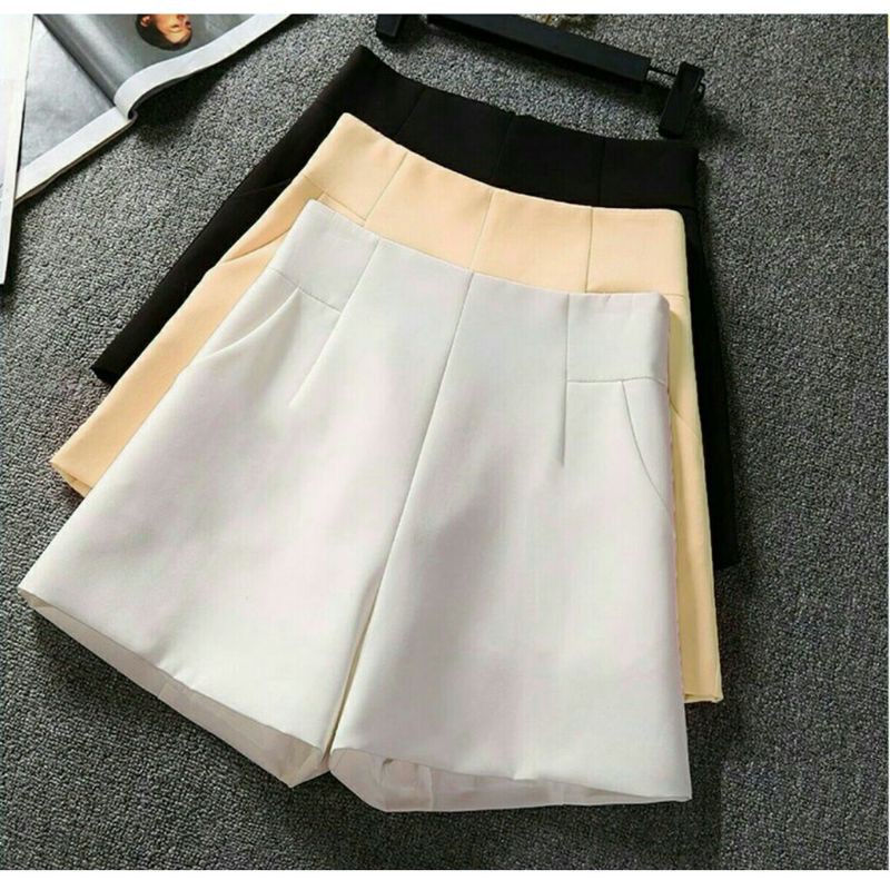 [AN MỘC] Quần short đùi trắng lưng cao ống rộng chiết eo khoá giọt lệ