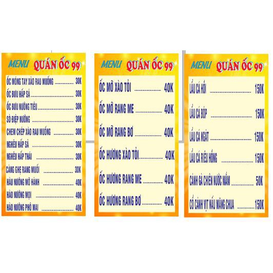 Menu a4 giá rẻ. thiết kế theo yêu cầu. in màu ep cứng plastic