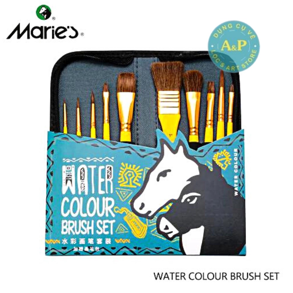 Cọ bộ 10 cây Marie's vẽ màu nước kèm túi đựng Lông Ngựa (watercolor Brush)