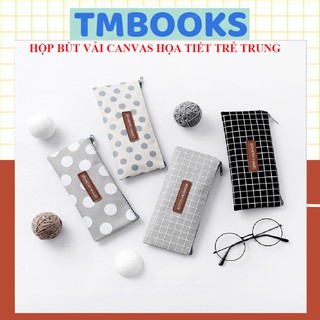 Hộp bút vải canvas cỡ lớn, họa tiết chấm bi, kẻ ngang xinh xắn, có khóa kéo, kiểu dáng Hàn Quốc cho học sinh ,sinh viên