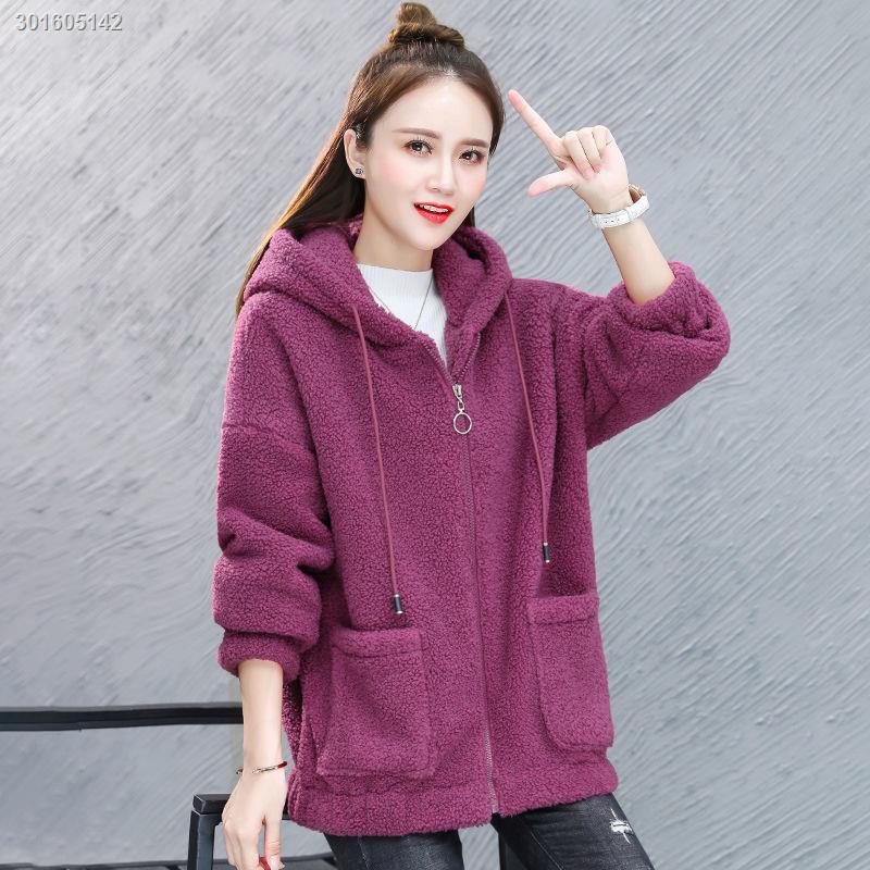 Áo khoác lông cừu dày dáng rộng có khóa kéo phong cách thu đông thời trang cho nữ