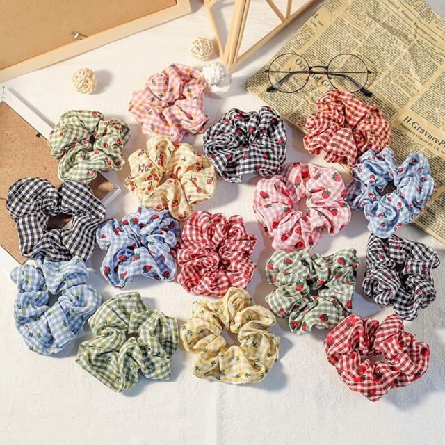 Chun cột tóc Scrunchies kẻ caro hoa quả