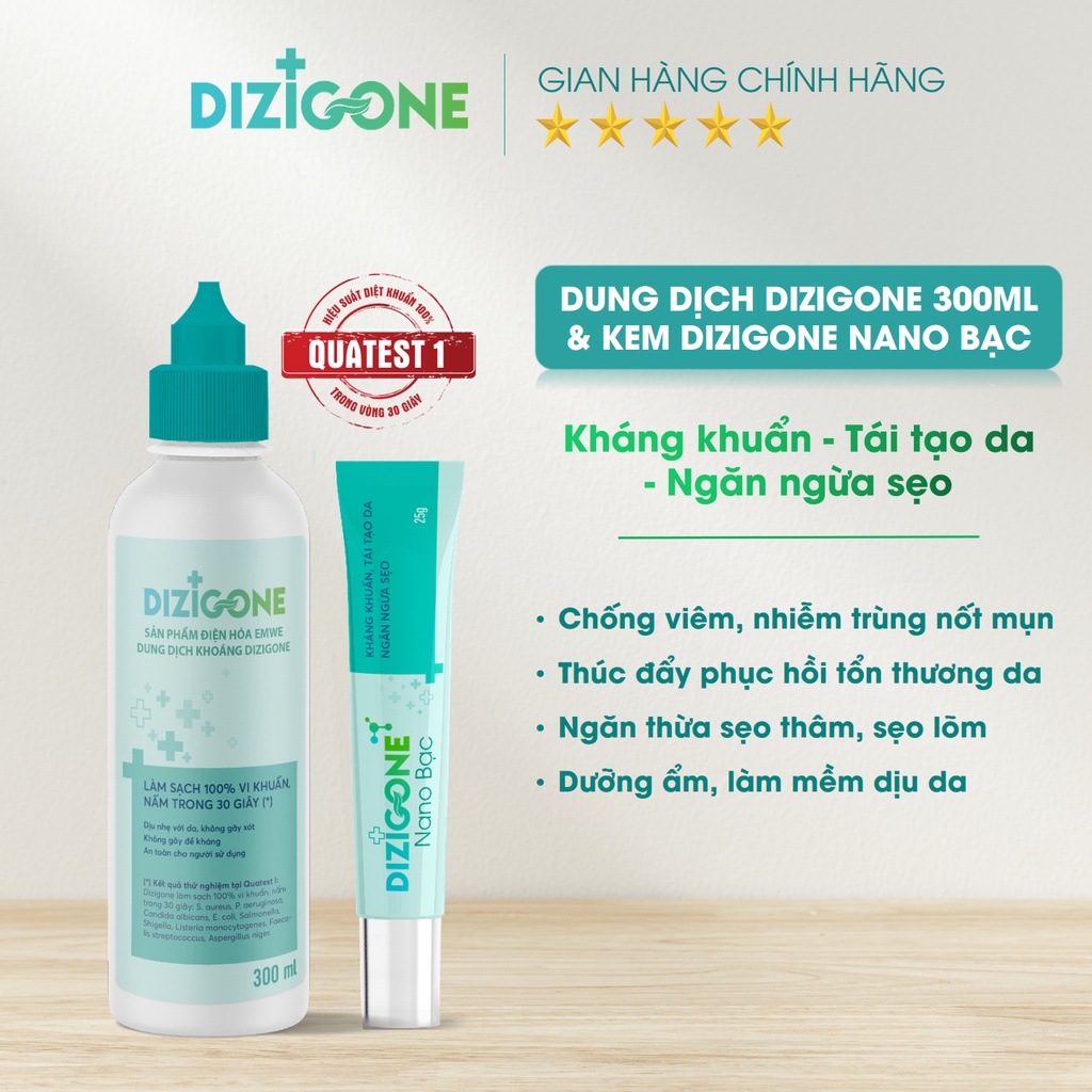 [COMBO Chăm sóc da mụn] Dung dịch Dizigone 300ml &amp; Kem Dizigone Nano Bạc - Kháng khuẩn, tái tạo da, ngừa thâm sẹo