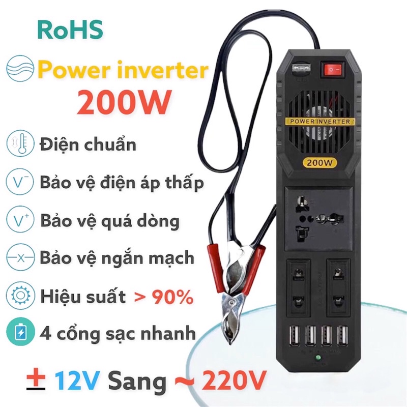 Bộ Biến Tần Đổi Điện DC12V Sang AC220V 200W E8981 Hàng Cao Cấp Chính Hãng RoHS