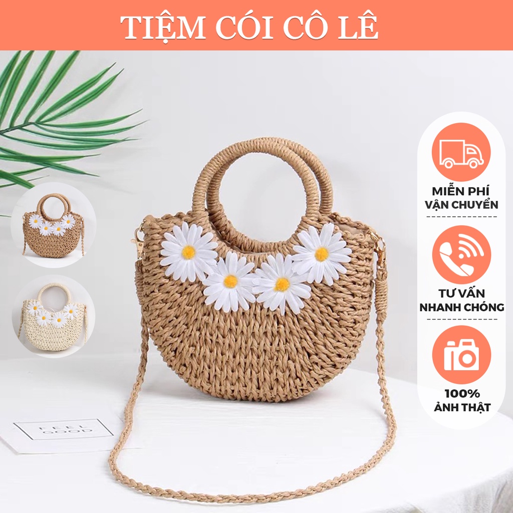 Túi cói bán nguyệt đính hoa cúc trắng quai xách thời trang, xinh xắn - Tiệm Cói Cô Lê
