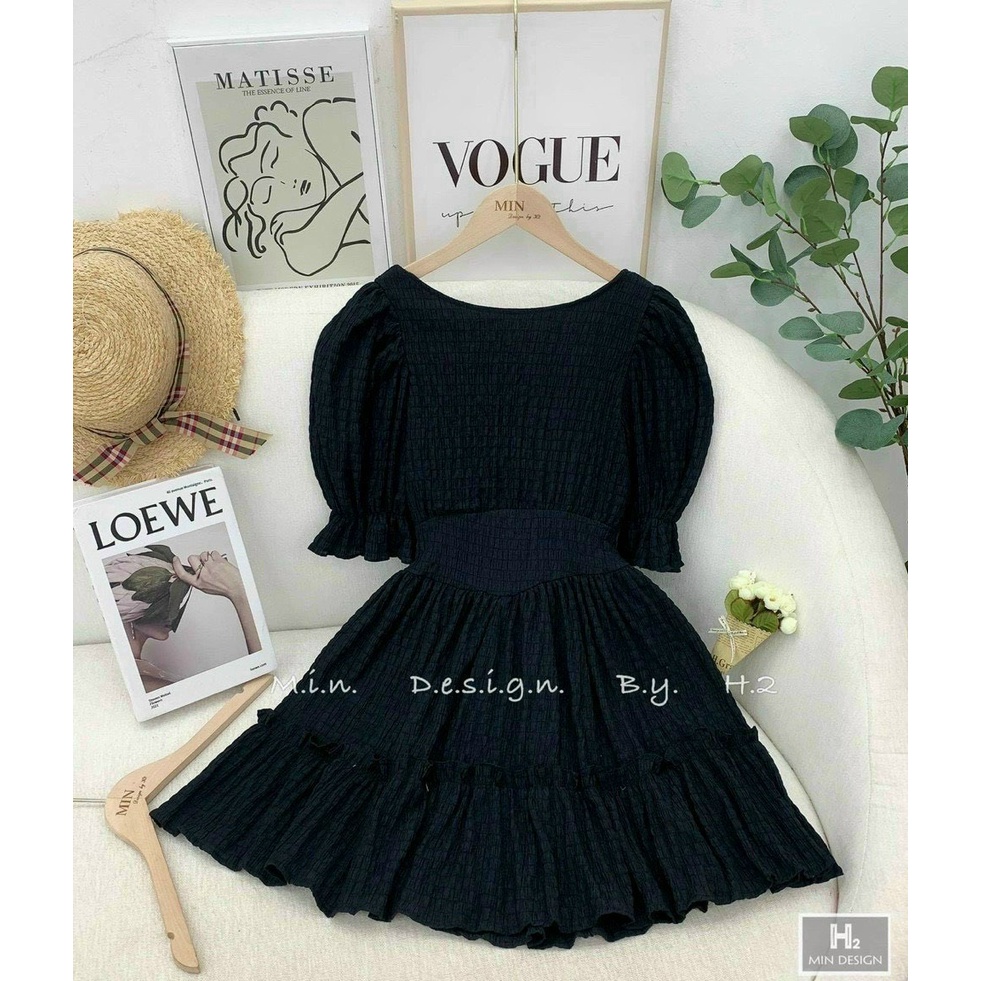 Đầm tay phồng mooking ba màu nâu đen xanh có mút có lót