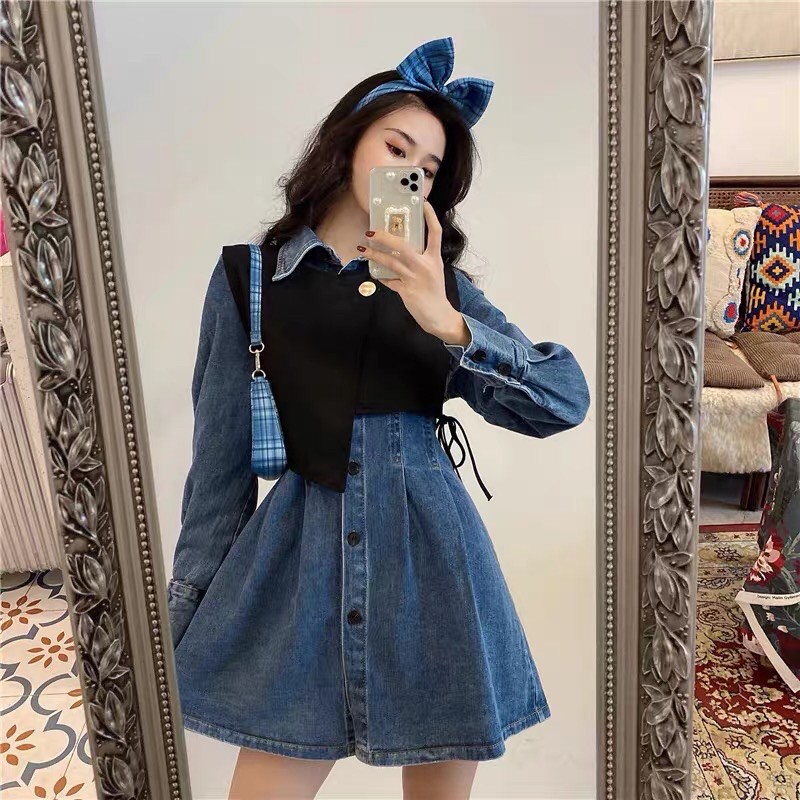 Set váy sơ mi jeans mix áo gile ulzzang fashionita 2021