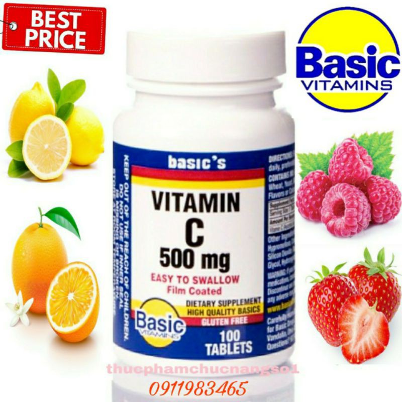 Vitamin C 500mg Basic's 100 Viên Hàng Mỹ Cam Kết Chính Hãng