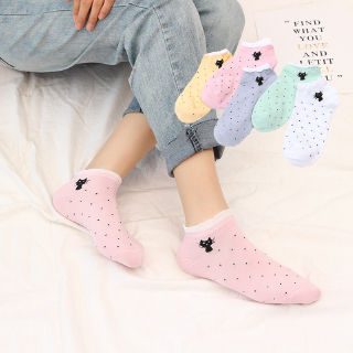 5 Pairs Cartoon Cat Wave Dot Ankle Socks Lot Girl Fresh Best Cotton Non Slip Cute Slipper Socks Shallow Mouth Invisible Ankle Socks Pack