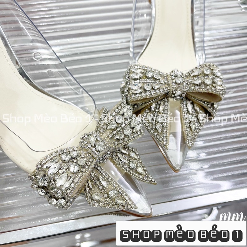 Giày cao gót mica nơ đá trơn gót nhọn fullbox fullbox hàng quảng châu cao cấp