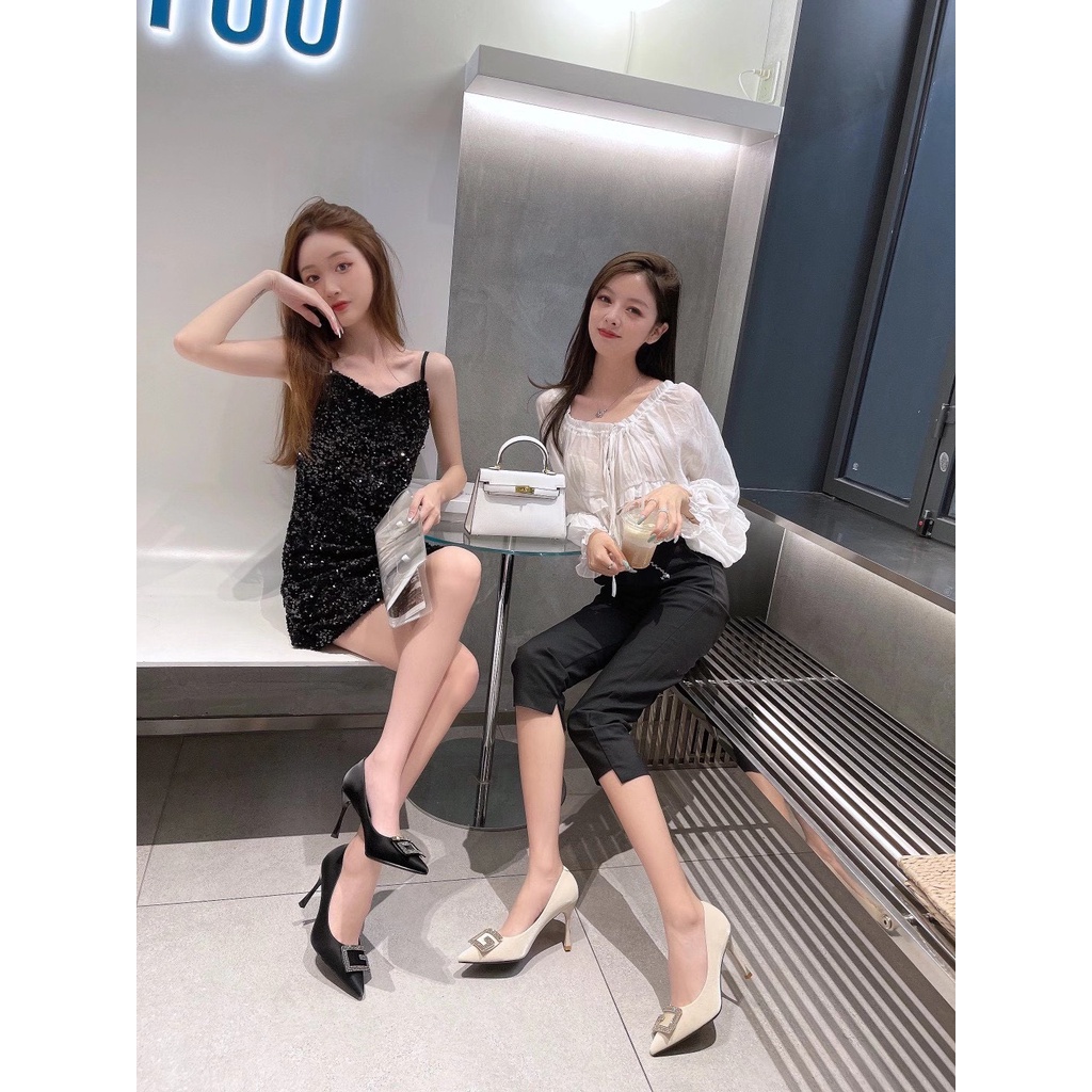 Giày thời trang nữ QBEL ❤️FREESHIP❤️ Giày công sở cao gót da lụa mũi nhọn, gót nhọn khuy chữ G cao 8cm 8213-1
