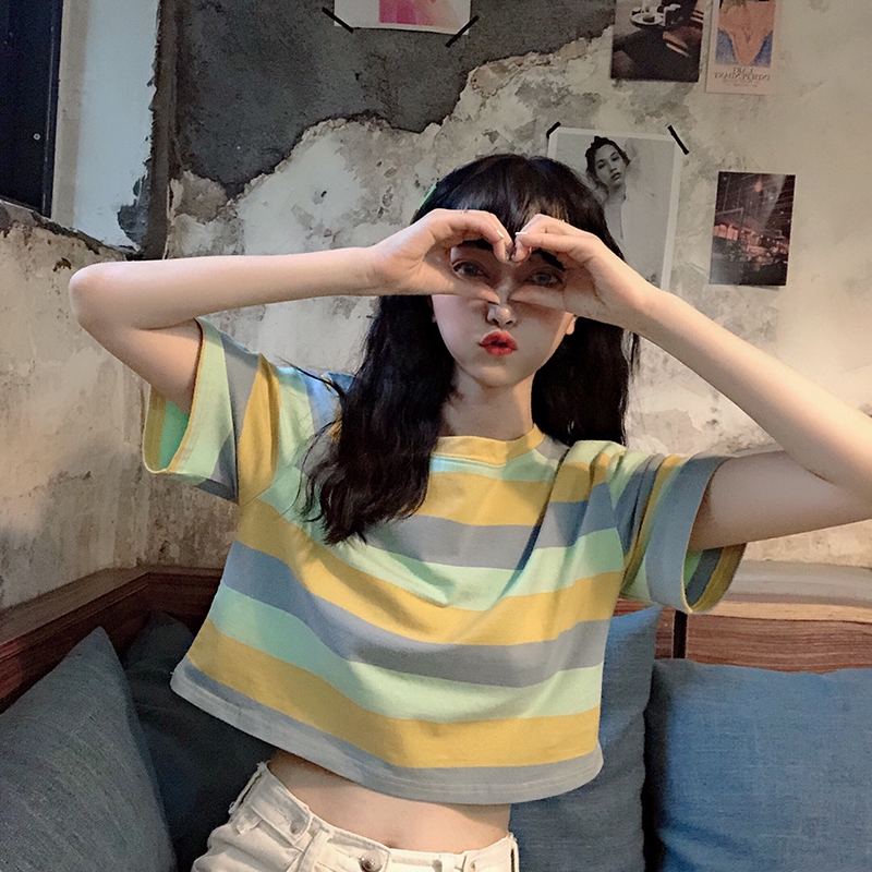 Women Korean Striped Short Sleeve Crop Tops | BigBuy360 - bigbuy360.vn