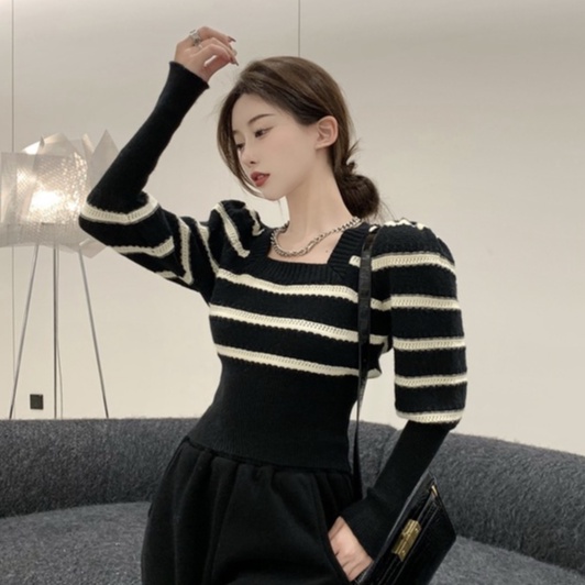 Áo kiểu ZHELIHANGFEI dệt kim cổ vuông tay dài phồng họa tiết kẻ sọc thời trang xinh xắn dành cho nữ