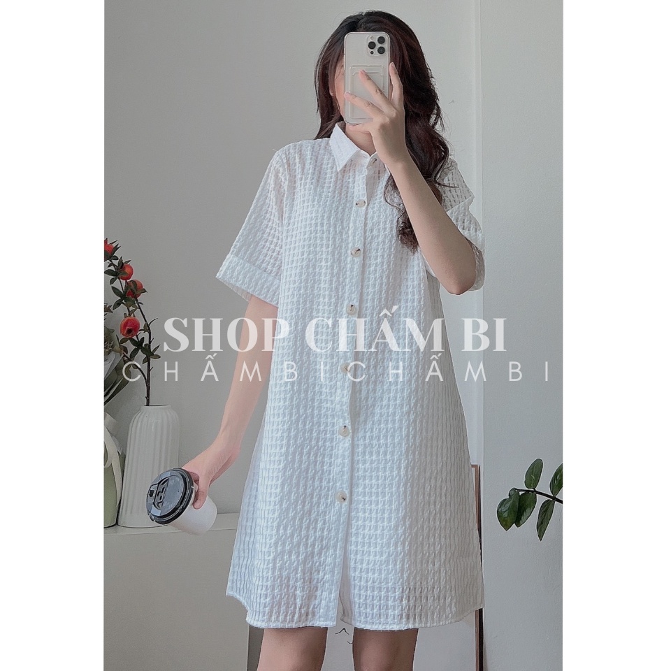 Áo váy sơ mi cộc tay basic V.125, Áo váy sơ mi cổ đức chất xốp mát mẻ - Thời trang nữ Chấm Bi