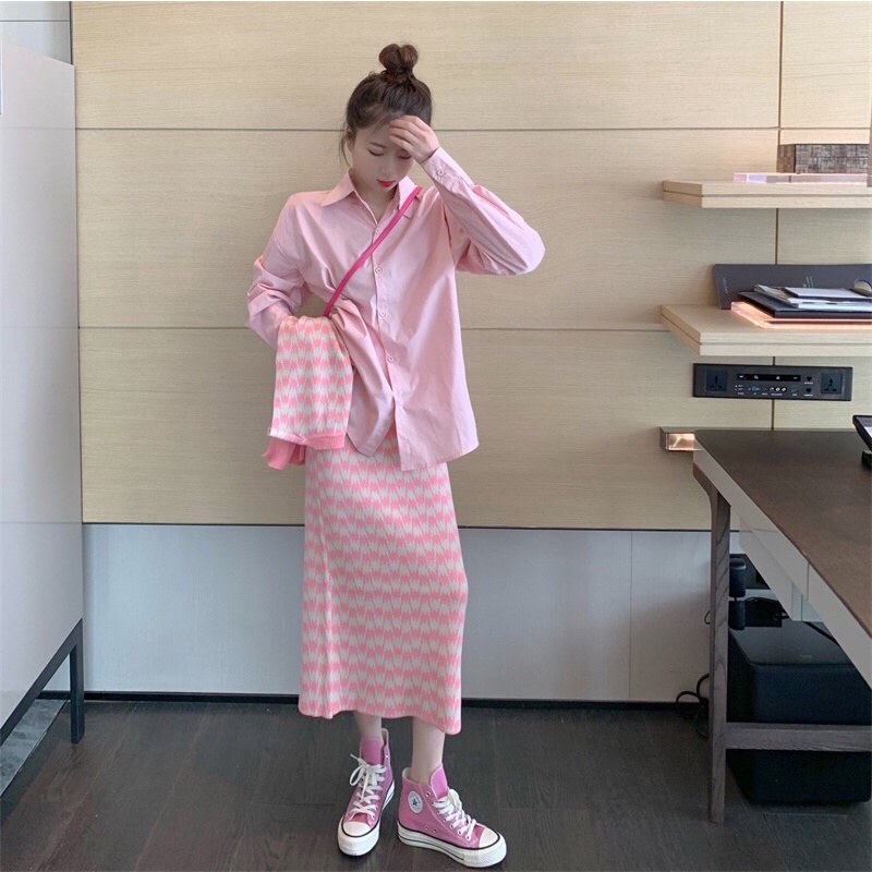 Áo vest gile len hồng ulzzang/Set váy dài, sơ mi gile hồng taobao thu đông 2021