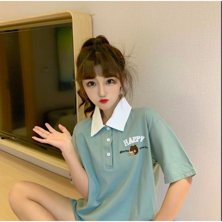 Áo Polo Nữ Form Rộng Unisex IN CHÚ GẤU HAPPY Freesize Áo Thun Nam Nữ Form Rộng TTQ0024