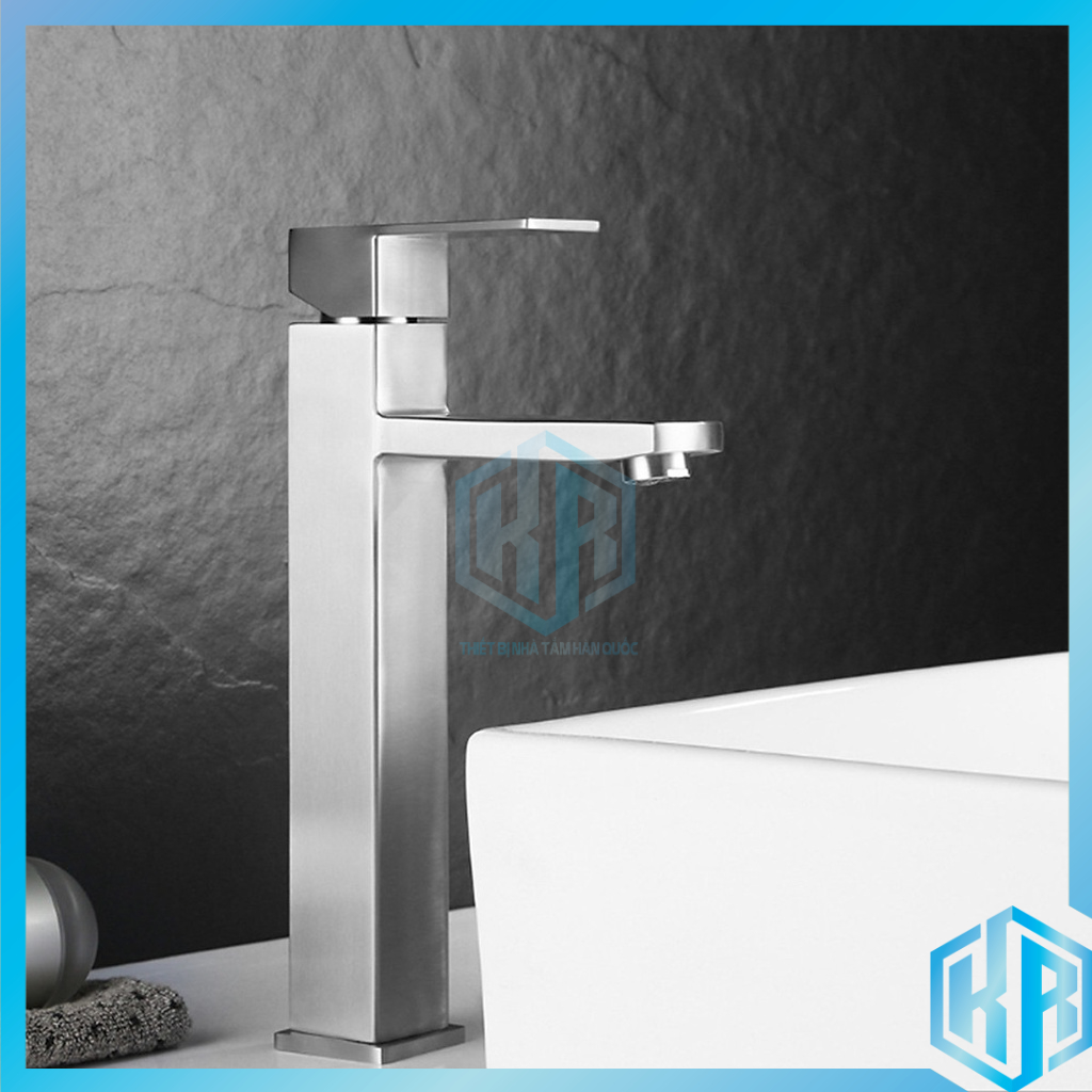 Vòi lavabo nóng lạnh inox 304 trụ vuông 30cm trắng mờ đặc trưng inox phay cao cấp, sang trọng, lịch lãm