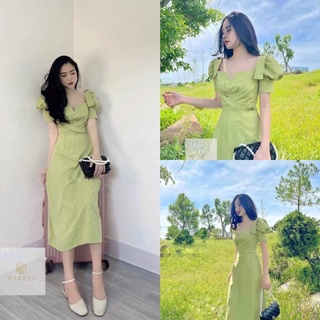 Váy xanh bơ đan dây chéo nơ ngực tay bồng nơ vai siêu xinh(kèm ảnh thật)