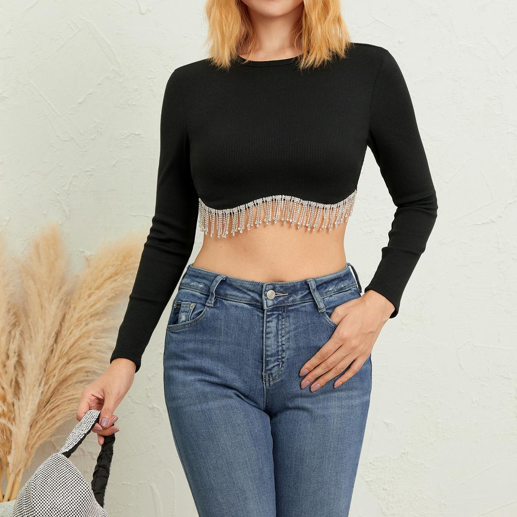 Blessedtime-áo Thun Tay Dài Cổ Tròn Phối Tua Rua Màu Tương Phản Thời Trang Xuân Thu S / M / L