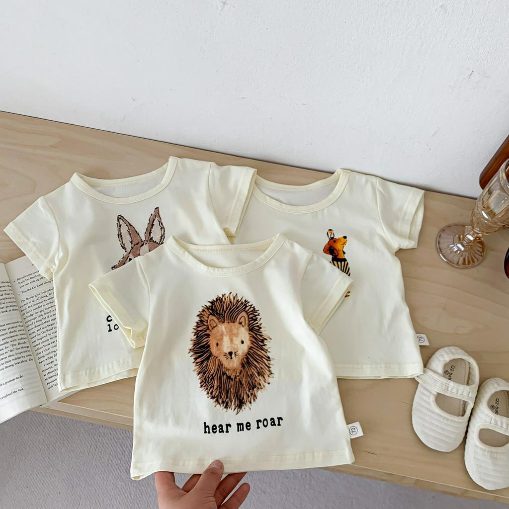 Áo Thun Mỏng Mùa Hè Tay Cộc Cổ Tròn In Hình Thú Dễ Thương Cho Bé