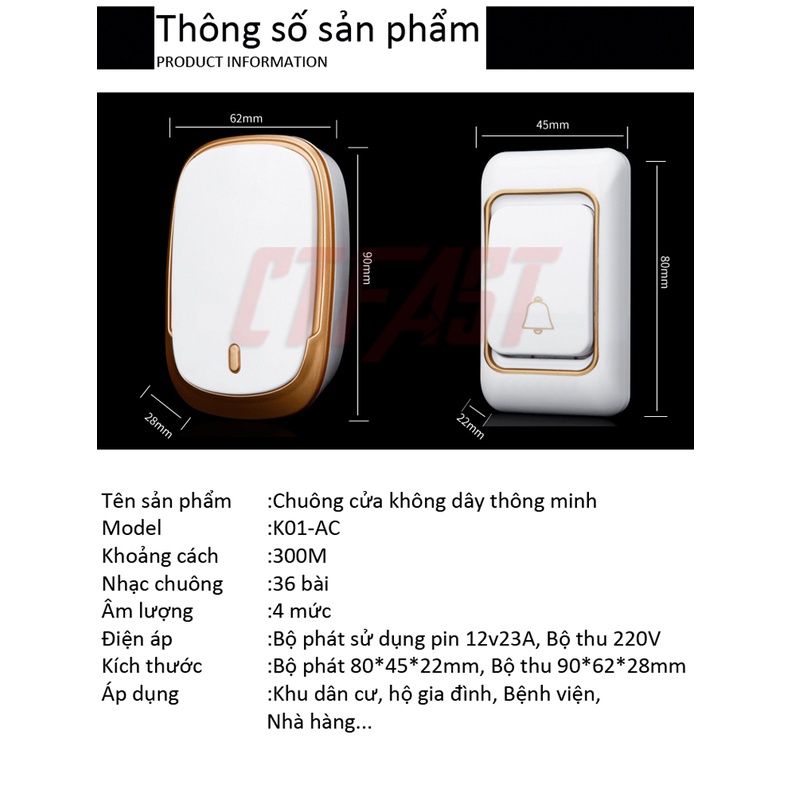 Chuông Cửa Không Dây Thông Minh CTFAST CAZI - 01, Màu Sắc Sang Trọng, Chống Nước, Khoảng Cách Sử Dụng Hiệu Quả 300 Mét