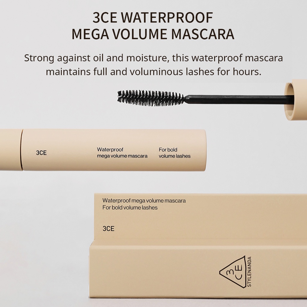 Mascara 3CE 7.5g làm dày và giữ màu lâu trôi làm đẹp cho nữ 3CE Waterproof Mega Volume Mascara 7.5 g | 3CE Official Store