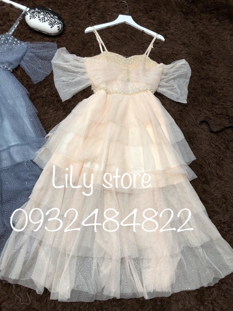 ẢNH &amp; VIDEO THẬT 10000%  Đầm xoè rớt vai tầng kết đá