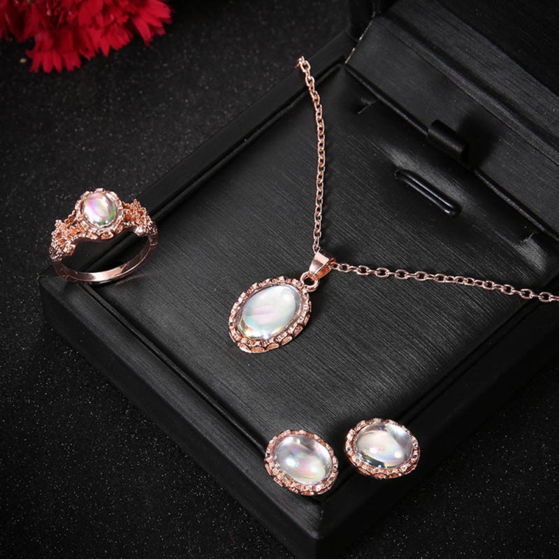 Set dây chuyền và nhẫn và khuyên tai đính đá opal tự nhiên