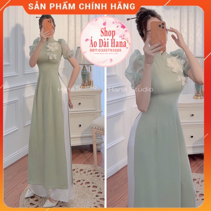Áo dài cách tân nữ truyền thống HANA may thiết kế tay vai phối tơ, màu xanh mint cổ 3 phân tay ngắn bồng có thun bo tay.