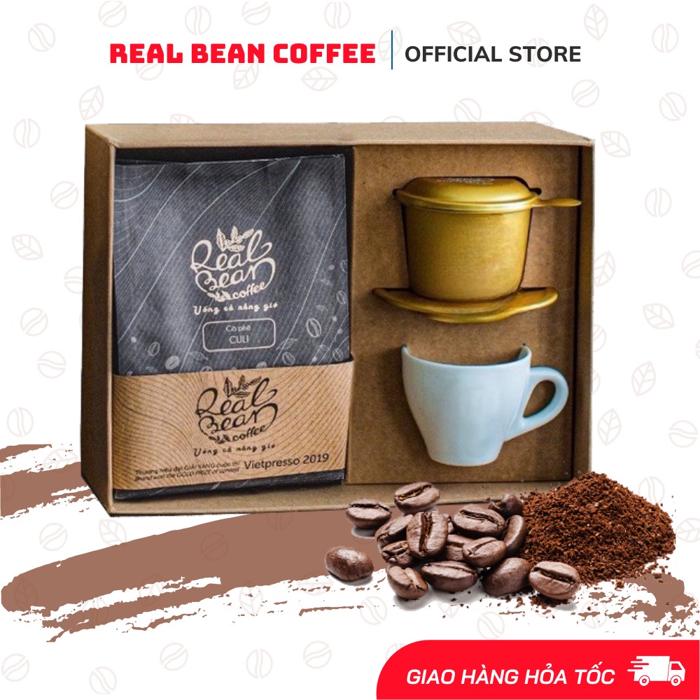Hộp quà tặng cao cấp cho khách hàng, gia đình. Gồm túi cà phê nguyên chất 250g, phin cafe, ly sứ