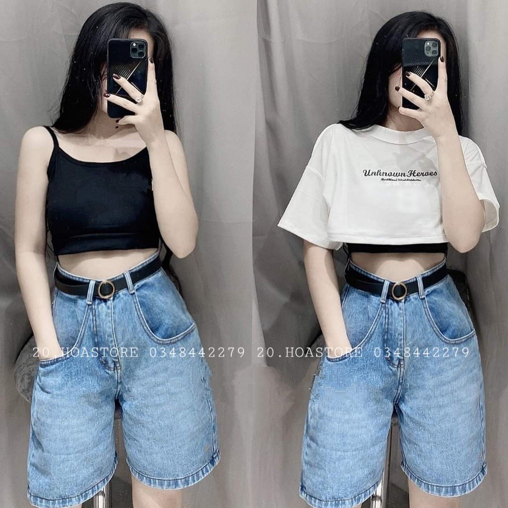 (Tặng áo bra) ÁO THUN CROPTOP THÊU CHỮ UNKNOWN HEROES MIX ÁO 2 DÂY BOZIP ĐEN (Set 2 áo CROPTOP &amp; BRA)