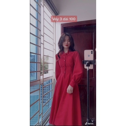 Váy nhung đỏ cổ tàu thắt nơ