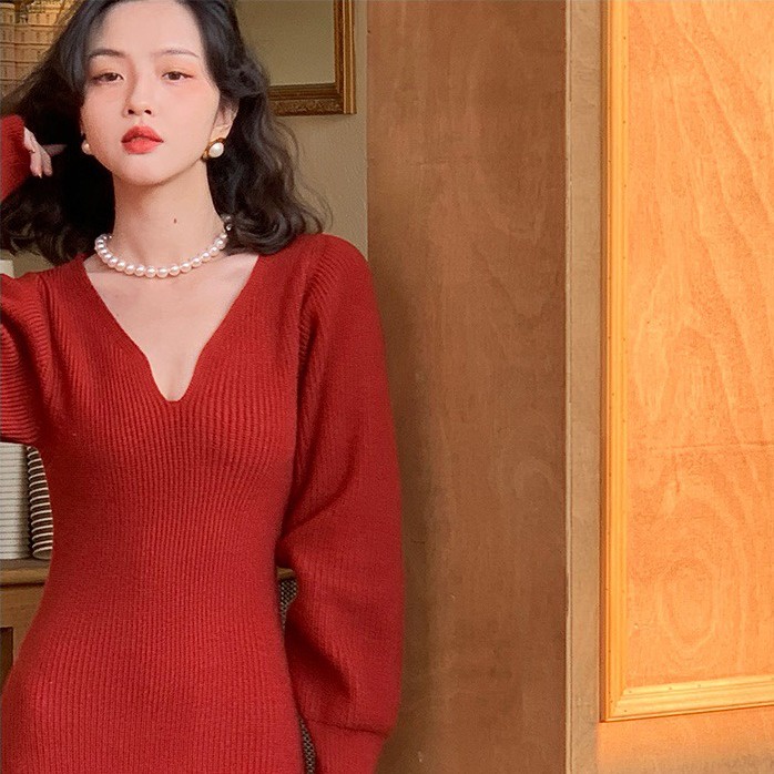 SUXI Đầm midi tay dài cổ chữ V dáng ôm thời trang mùa thu phong cách Hàn Quốc thanh lịch cho nữ