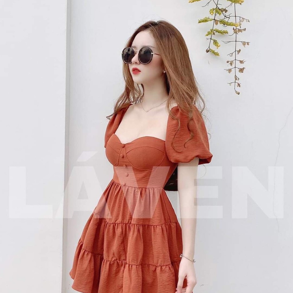 Đầm Váy Xòe Nhúm Tầng Tay Phồng Thời Trang ( Có Mút Ngực ) Màu Nâu Tôn Da, Tạo Dáng Với Phong Cách Dạo Phối - Winchois