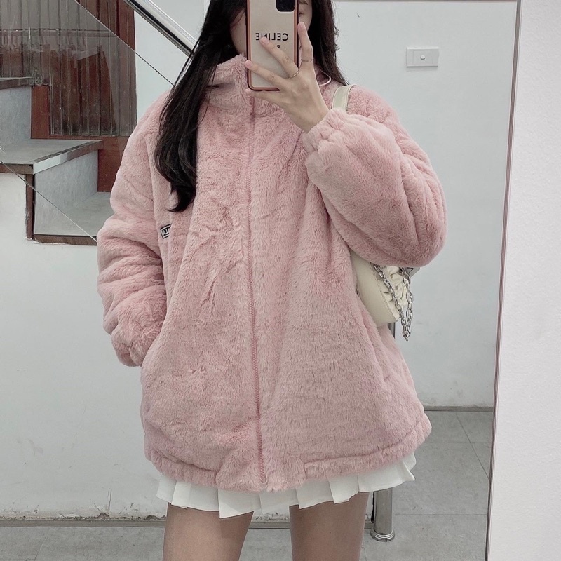 2101125 Áo lông sọc tay, áo khoác lông trần bông dày ấm thời trang ulzzang freesize | BigBuy360 - bigbuy360.vn