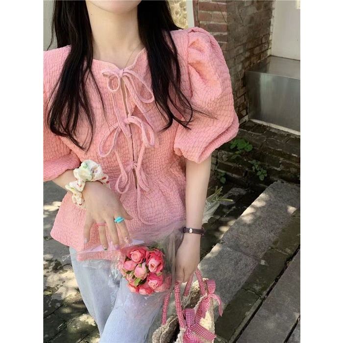 Áo Sơ Mi chiffon Tay Phồng Phối Ren Hai Mặt Trước Sau Thiết Kế Ngọt Ngào Thời Trang Mùa Hè Cho Nữ