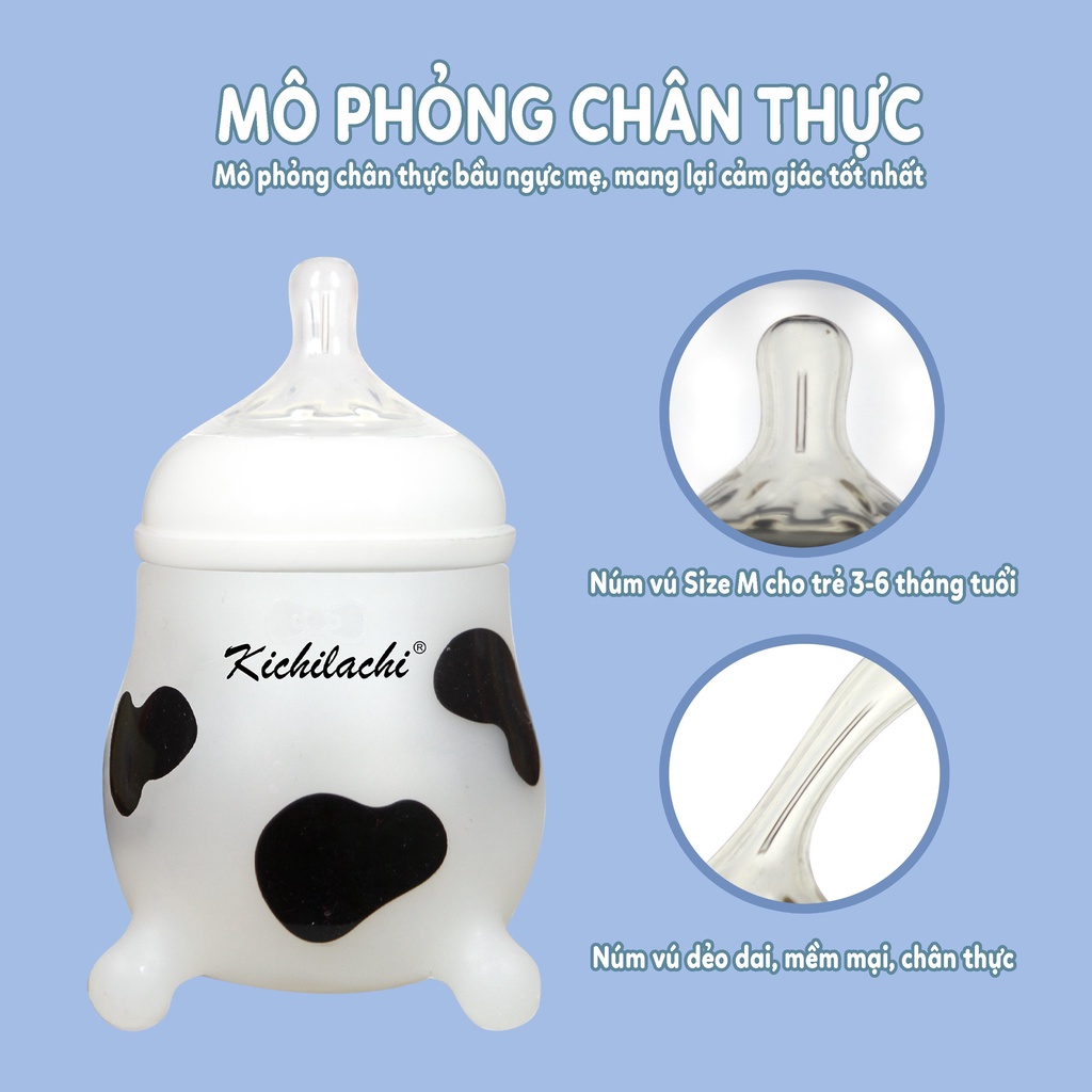 Bình Sữa Cho Bé Kichilachi Cổ Rộng , Chất Liệu Silicon Hình Bò Sữa Với Núm Ti Siêu Mềm