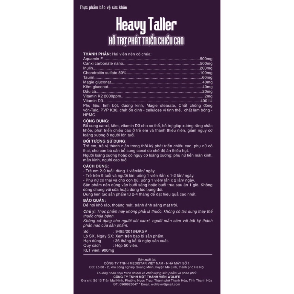 Viên Uống Heavy Taller | Hỗ Trợ Tăng Chiều Cao | Hộp 50 Viên
