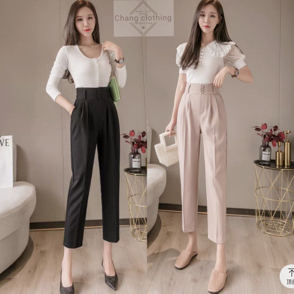Quần baggy nữ cạp cao công sở dáng dài lưng cao màu đen vải mềm đi làm Quần tây nữ đi học ống đứng kèm đai nịt khóa kéo