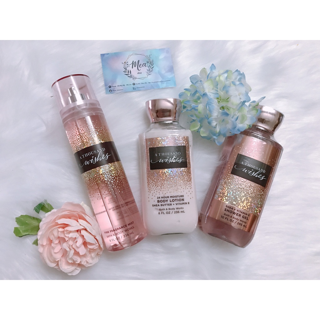 Bộ sản phẩm body mist, sữa tắm, lotion A Thousand Wishes Bath and Body Works