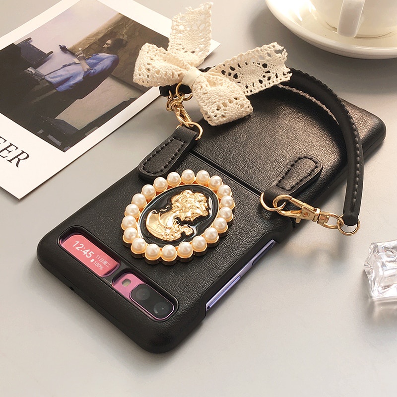 Bao Da pu Điện Thoại Nắp Lật Kèm Ngăn Đựng Thẻ Đính Nơ Ren Cho samsung galaxy z flip 4g z flip 4 3 flip4 flip3 5g Ốp