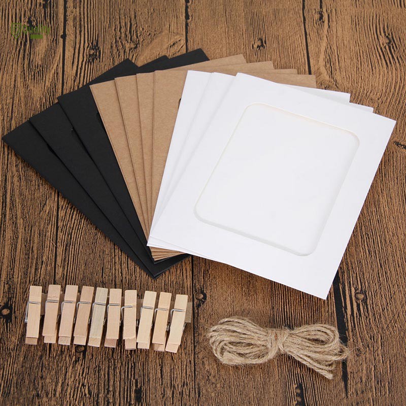 Set 10 khung ảnh bằng giấy có kẹp và dây treo ảnh gắn tường trang trí đa năng