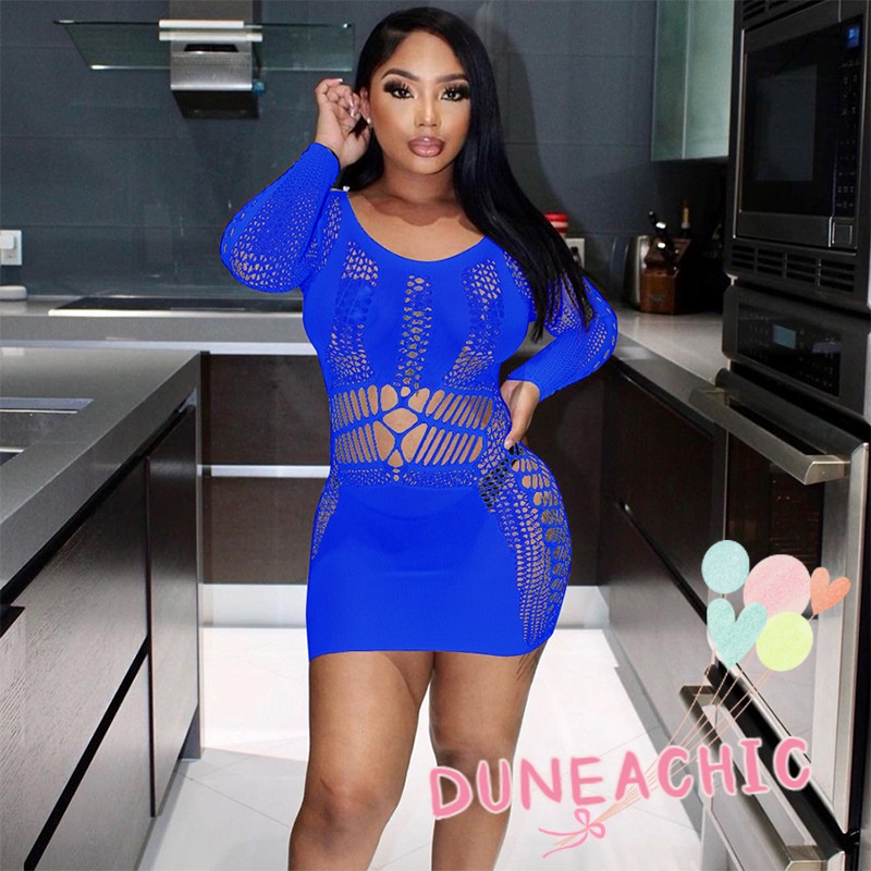 DUNEA Đầm Tay Dài Phối Lưới Thời Trang Quyến Rũ Cho Nữ