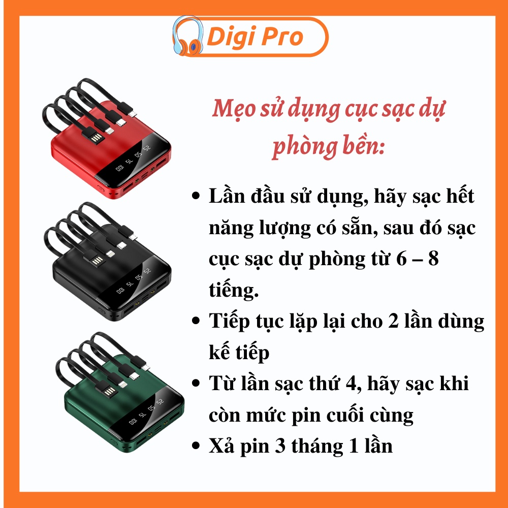 Cục Sạc Dự Phòng 20000mAh đi kèm với cáp sạc Micro, Lightning, Type C có đèn pin, pin lipo chống cháy nổ