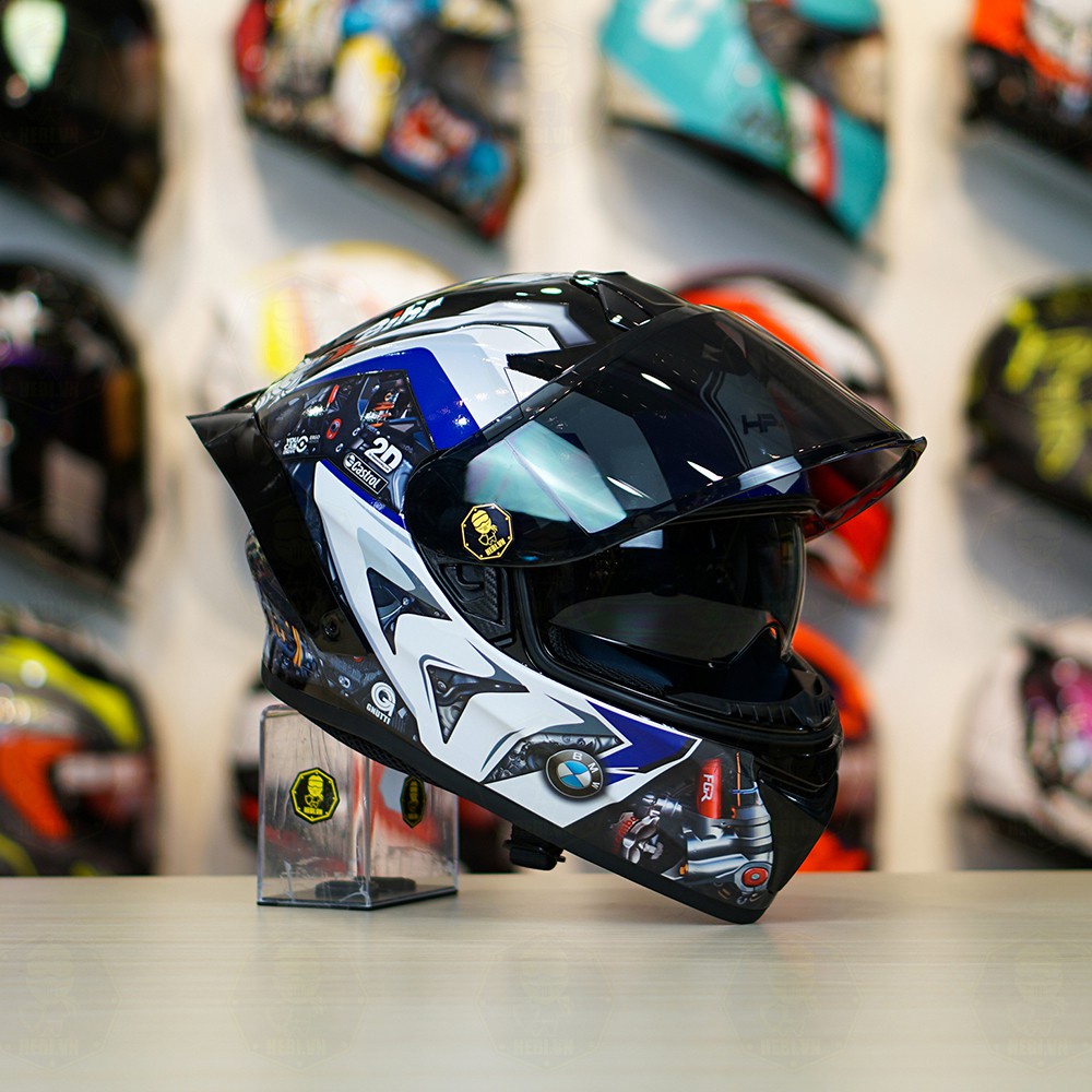 Combo Nón Fullface 2 Kính Yohe 981 Tem Decal BMW Kèm Kính Đen Và Đuôi Gió Pista