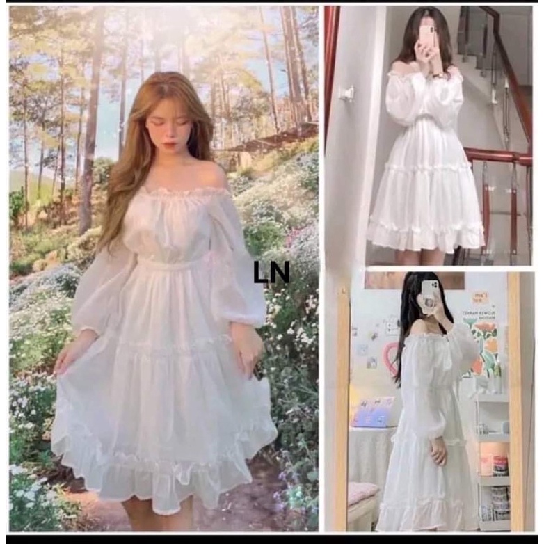 Váy dài tay trễ vai tơ LN11