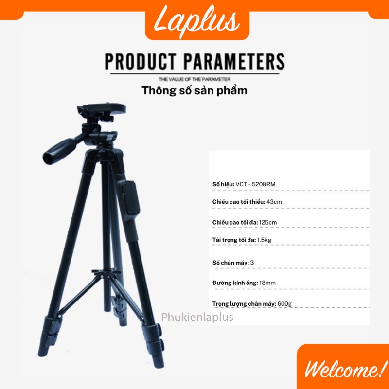 Chân máy ảnh, tripod Yunteng Model 5208RM, khung nhôm cao cấp