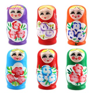 XA_5Pcs Novelty Cartoon Girl Russian Wooden Nesting Dolls Hand Painted Matryoshka