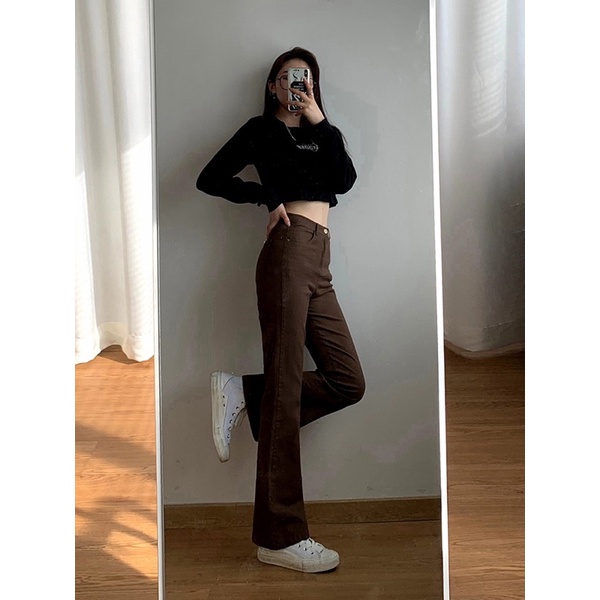 [ORDER 30 NGÀY] Quần jean nữ ống loe cạp cao màu nâu ống dài phong cách Hàn Quốc | BigBuy360 - bigbuy360.vn