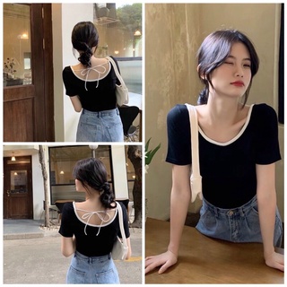 Áo thun nữ tay ngắn croptop phối dây buộc nơ
